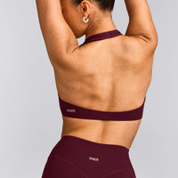 SoftMotion™ Minimal Halter Neck Bralette with Grey Logo | Cherry Lacquer Purple