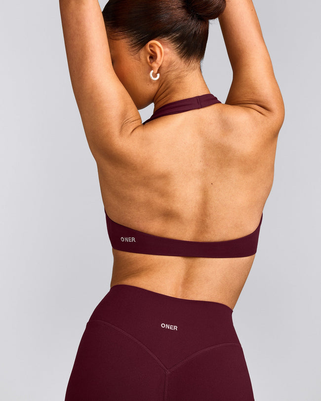 SoftMotion™ Minimal Halter Neck Bralette with Grey Logo | Cherry Lacquer Purple