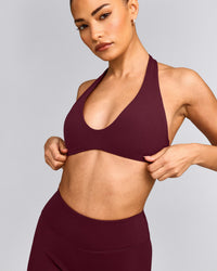 SoftMotion™ Minimal Halter Neck Bralette with Grey Logo | Cherry Lacquer Purple