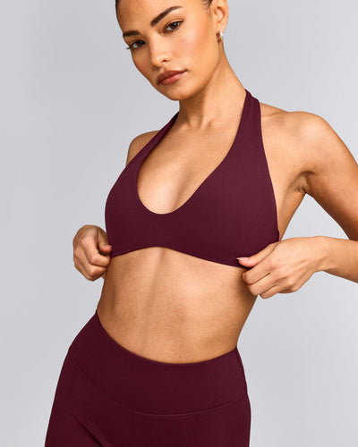 SoftMotion™ Minimal Halter Neck Bralette with Grey Logo | Cherry Lacquer Purple