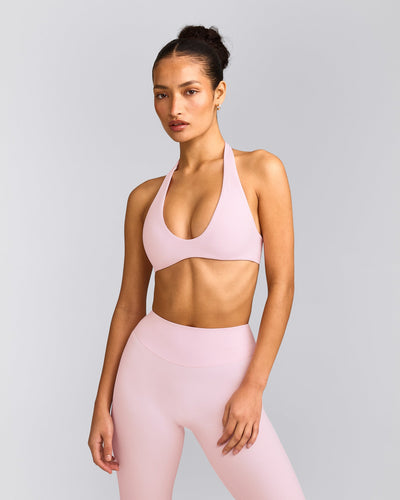 SoftMotion™ Minimal Halter Neck Bralette with Grey Logo | Soft Girl Pink