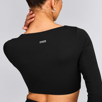 SoftMotion™ Scoop Neck Long Sleeve Crop Top with Built in Bra Shelf with Grey Logo | Black