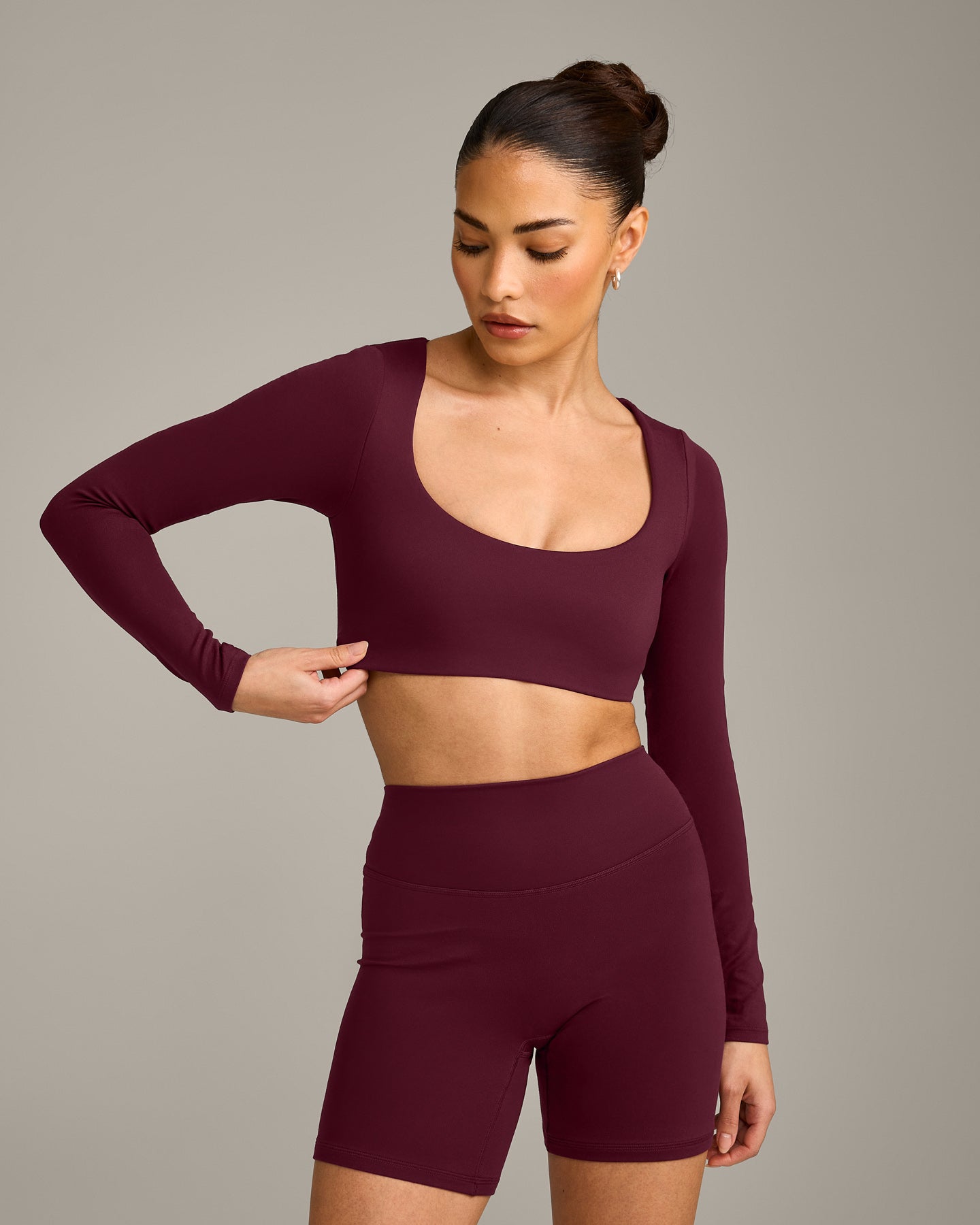 SoftMotion™ Scoop Neck Long Sleeve Crop Top with Built in Bra Shelf with Grey Logo | Cherry Lacquer Purple