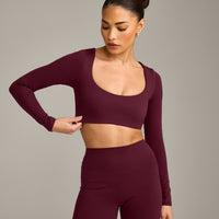 SoftMotion™ Scoop Neck Long Sleeve Crop Top with Built in Bra Shelf with Grey Logo | Cherry Lacquer Purple