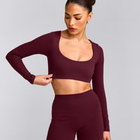 SoftMotion™ Scoop Neck Long Sleeve Crop Top with Built in Bra Shelf with Grey Logo | Cherry Lacquer Purple