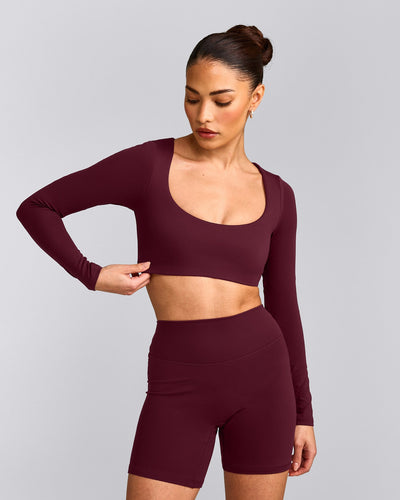 SoftMotion™ Scoop Neck Long Sleeve Crop Top with Built in Bra Shelf with Grey Logo | Cherry Lacquer Purple