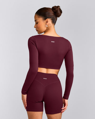 SoftMotion™ Scoop Neck Long Sleeve Crop Top with Built in Bra Shelf with Grey Logo | Cherry Lacquer Purple