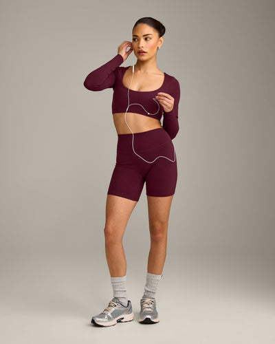SoftMotion™ Scoop Neck Long Sleeve Crop Top with Built in Bra Shelf with Grey Logo | Cherry Lacquer Purple