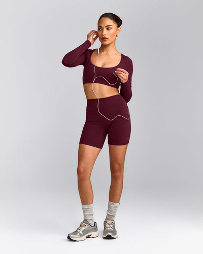 SoftMotion™ Scoop Neck Long Sleeve Crop Top with Built in Bra Shelf with Grey Logo | Cherry Lacquer Purple