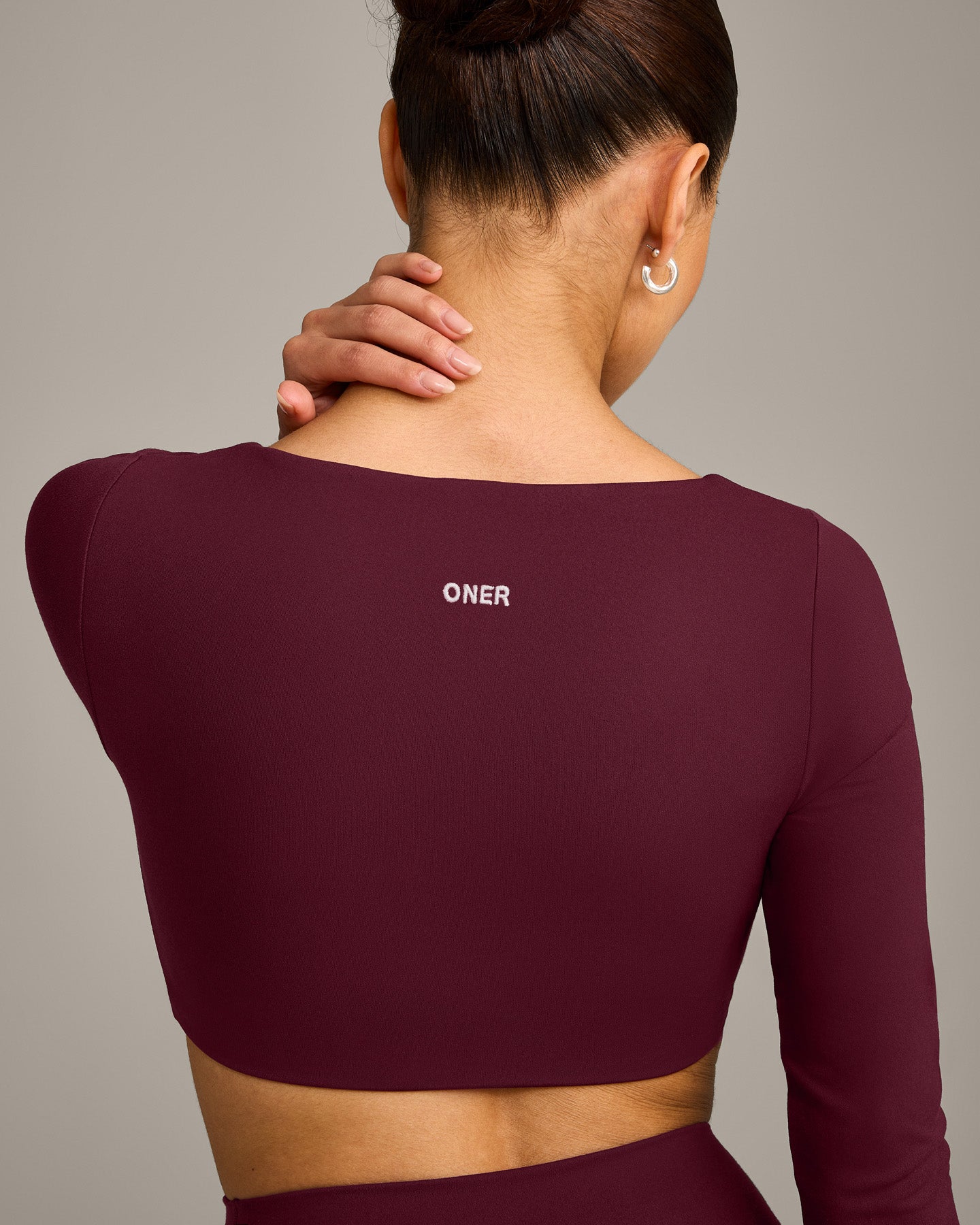 SoftMotion™ Scoop Neck Long Sleeve Crop Top with Built in Bra Shelf with Grey Logo | Cherry Lacquer Purple