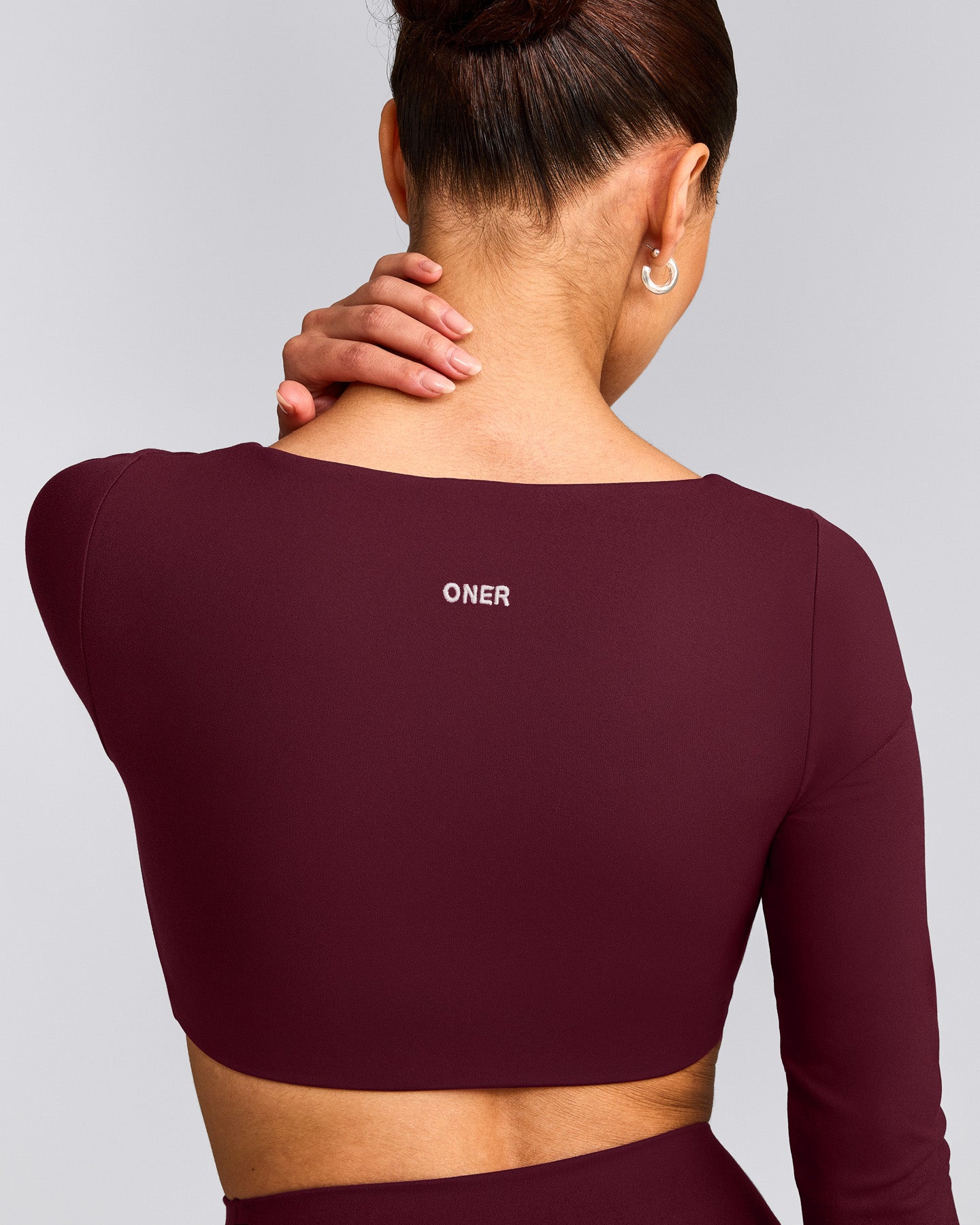 SoftMotion™ Scoop Neck Long Sleeve Crop Top with Built in Bra Shelf with Grey Logo | Cherry Lacquer Purple