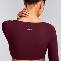 SoftMotion™ Scoop Neck Long Sleeve Crop Top with Built in Bra Shelf with Grey Logo | Cherry Lacquer Purple