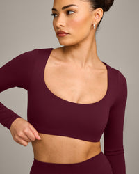 SoftMotion™ Scoop Neck Long Sleeve Crop Top with Built in Bra Shelf with Grey Logo | Cherry Lacquer Purple