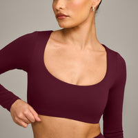 SoftMotion™ Scoop Neck Long Sleeve Crop Top with Built in Bra Shelf with Grey Logo | Cherry Lacquer Purple