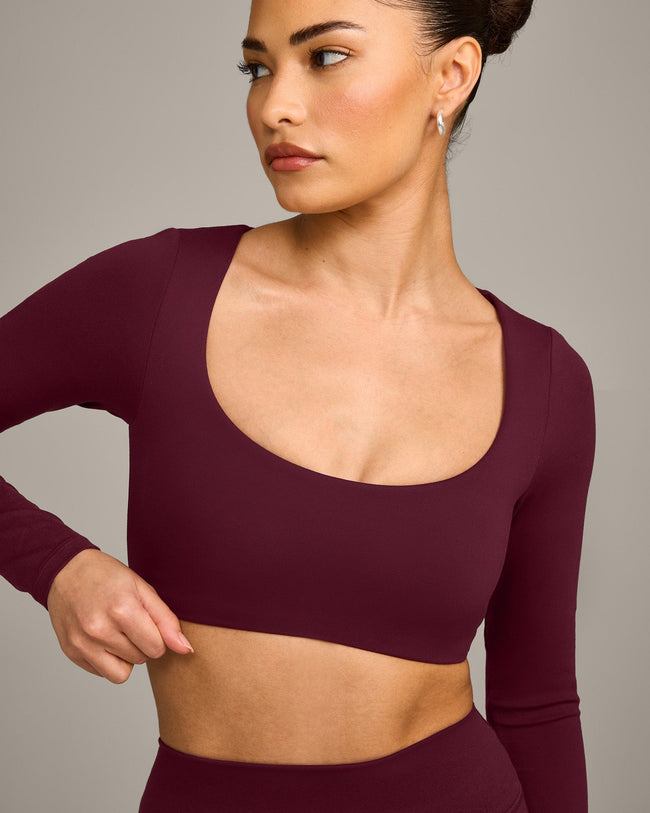 SoftMotion™ Scoop Neck Long Sleeve Crop Top with Built in Bra Shelf with Grey Logo | Cherry Lacquer Purple