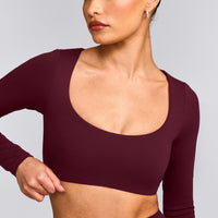 SoftMotion™ Scoop Neck Long Sleeve Crop Top with Built in Bra Shelf with Grey Logo | Cherry Lacquer Purple