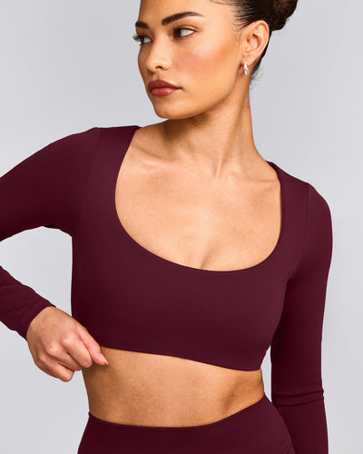 SoftMotion™ Scoop Neck Long Sleeve Crop Top with Built in Bra Shelf with Grey Logo | Cherry Lacquer Purple
