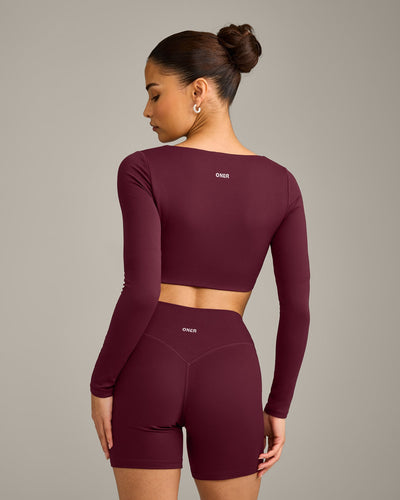 SoftMotion™ Scoop Neck Long Sleeve Crop Top with Built in Bra Shelf with Grey Logo | Cherry Lacquer Purple