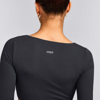 SoftMotion™ Scoop Neck Long Sleeve Crop Top with Built in Bra Shelf with Grey Logo | Coal