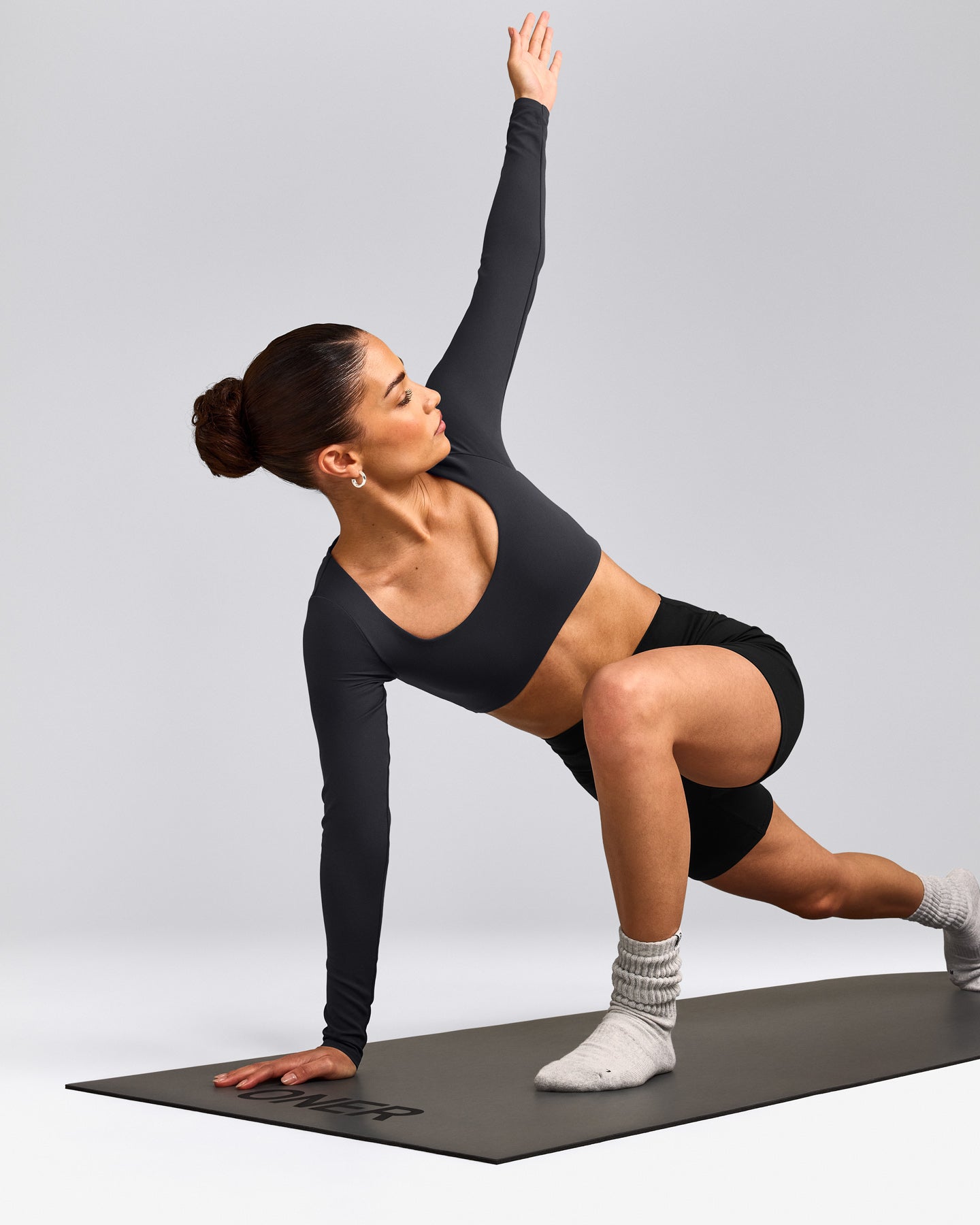 SoftMotion™ Scoop Neck Long Sleeve Crop Top with Built in Bra Shelf with Grey Logo | Coal