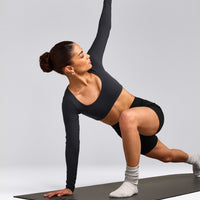 SoftMotion™ Scoop Neck Long Sleeve Crop Top with Built in Bra Shelf with Grey Logo | Coal
