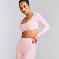 SoftMotion™ Scoop Neck Long Sleeve Crop Top with Built in Bra Shelf with Grey Logo | Soft Girl Pink
