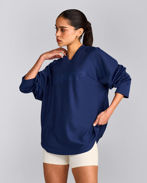 Oversized V Neck Long Sleeve T-Shirt with Oner Graphic | Varsity Blue