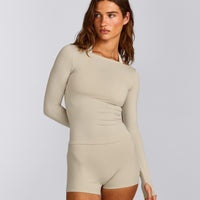 FormeSoft™ Fitted Off-The-Shoulder Long Sleeve Top | Oatmeal