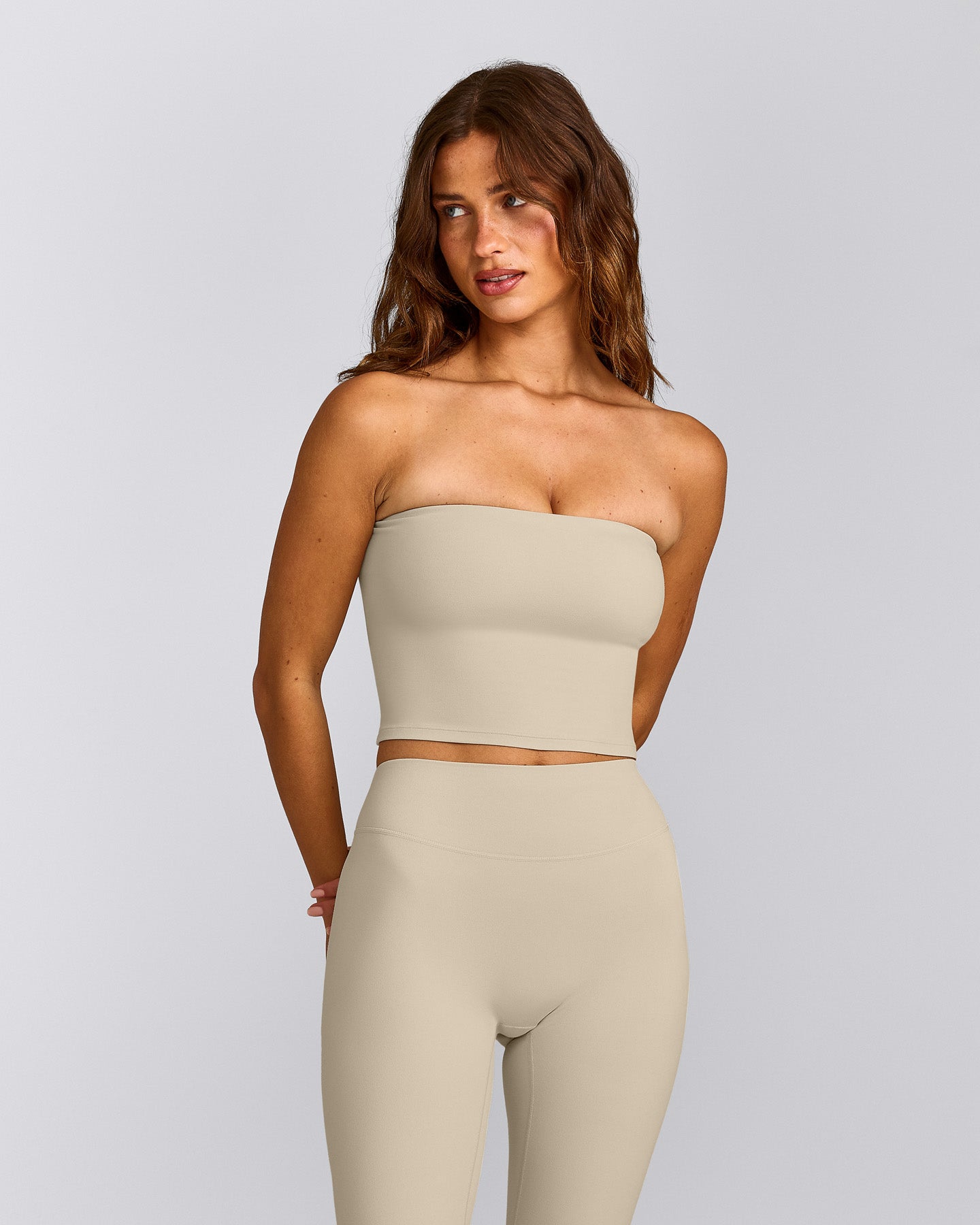 SoftMotion™ Bandeau Mid Vest with Built in Bra Shelf with Grey Logo | Oatmeal