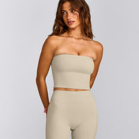 SoftMotion™ Bandeau Mid Vest with Built in Bra Shelf with Grey Logo | Oatmeal