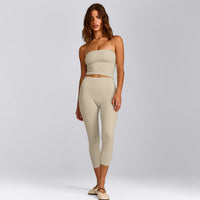 SoftMotion™ Bandeau Mid Vest with Built in Bra Shelf with Grey Logo | Oatmeal