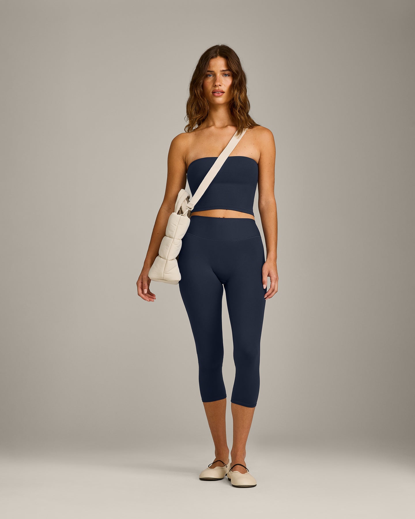 SoftMotion™ Bandeau Mid Vest with Built in Bra Shelf with Grey Logo | True Blue