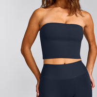 SoftMotion™ Bandeau Mid Vest with Built in Bra Shelf with Grey Logo | True Blue