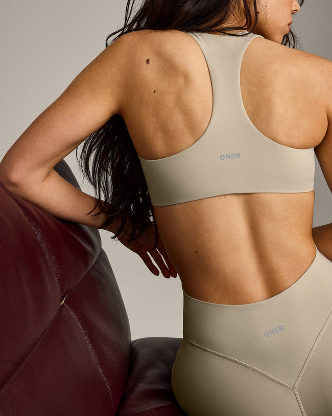SoftMotion™ Bralette with Grey Logo | Oatmeal