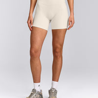 SoftMotion™ Double Layer High Waisted Shorts 6" with Grey Logo | Marshmallow White