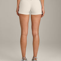 SoftMotion™ Double Layer Mid Rise Shorts 4" with Grey Logo | Marshmallow White