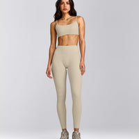 SoftMotion™ High Waisted Leggings with Grey Logo | Oatmeal