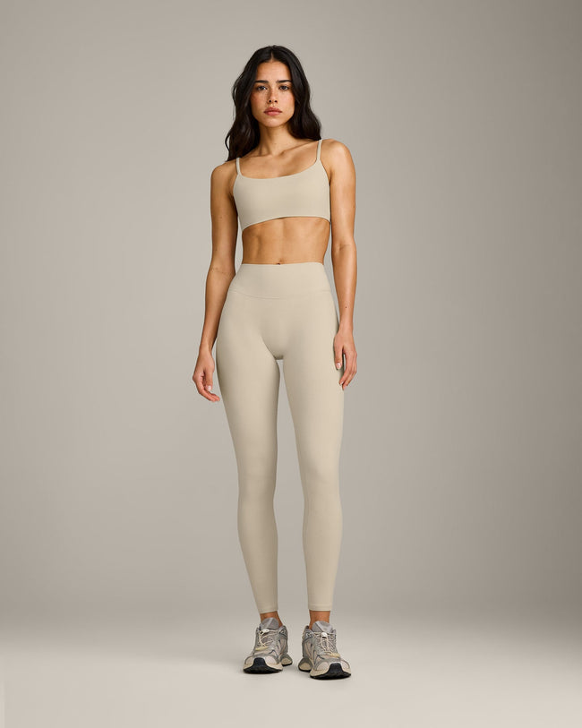 SoftMotion™ High Waisted Leggings with Grey Logo | Oatmeal