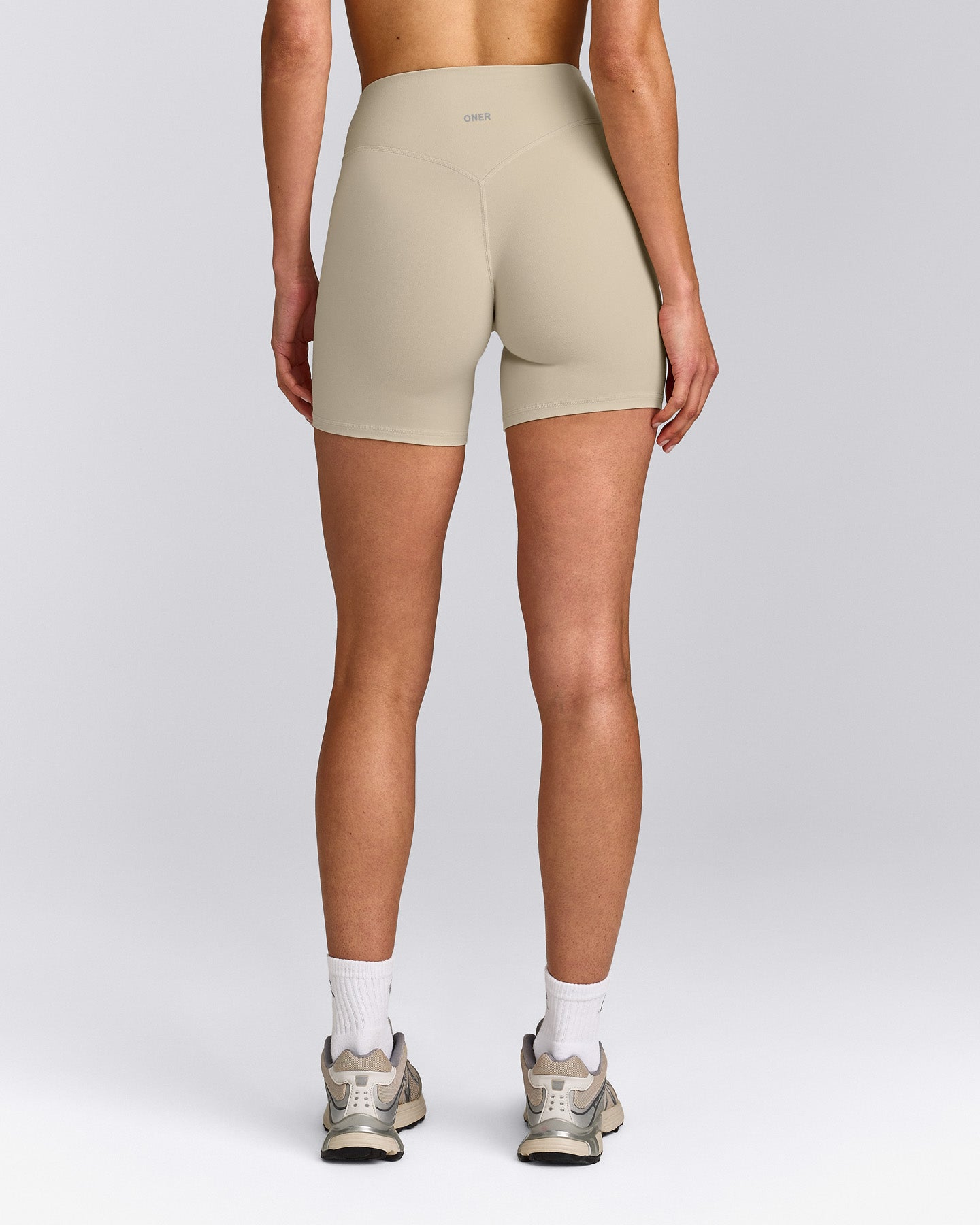 SoftMotion™ High Waisted Shorts 6" with Grey Logo | Oatmeal