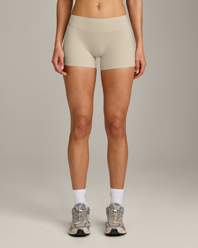 SoftMotion™ Mid Rise Shorts 4" with Grey Logo | Oatmeal