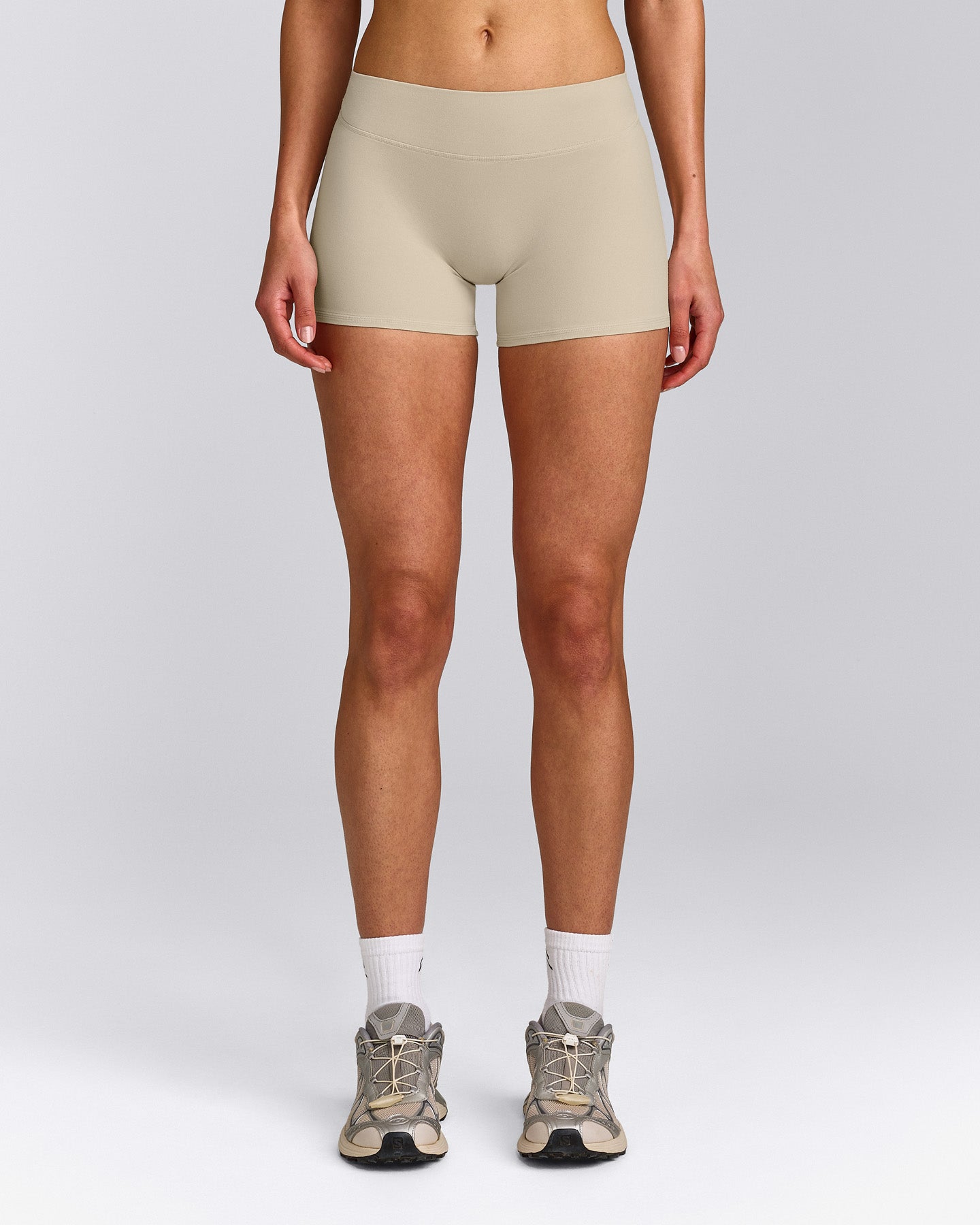 SoftMotion™ Mid Rise Micro Shorts 4" with Grey Logo | Oatmeal