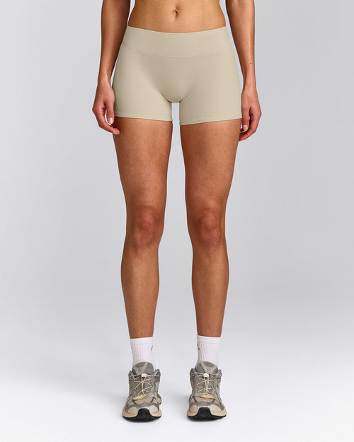 SoftMotion™ Mid Rise Micro Shorts 4" with Grey Logo | Oatmeal