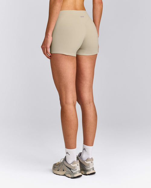 SoftMotion™ Mid Rise Micro Shorts 4" with Grey Logo | Oatmeal