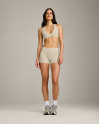 SoftMotion™ Mid Rise Shorts 4" with Grey Logo | Oatmeal