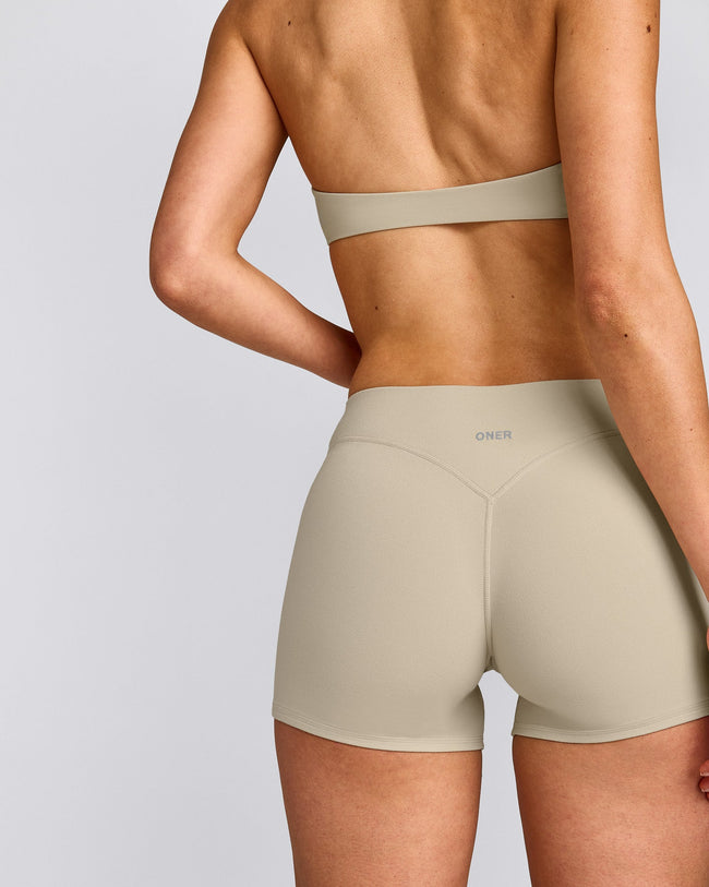 SoftMotion™ Mid Rise Micro Shorts 4" with Grey Logo | Oatmeal