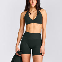 SoftMotion™ Minimal Halter Neck Bralette with Grey Logo | Emerald Noir