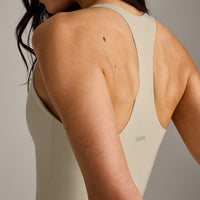 SoftMotion™ Racer Back Dress with Built in Shorts with Grey Logo | Oatmeal