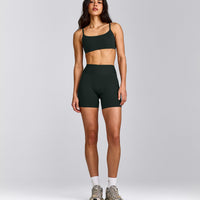 SoftMotion™ Strappy Sports Bra with Grey Logo | Emerald Noir