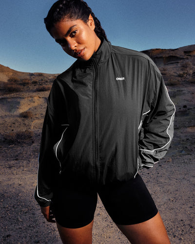 Oversized Contrast Piped Woven Track Jacket | Black