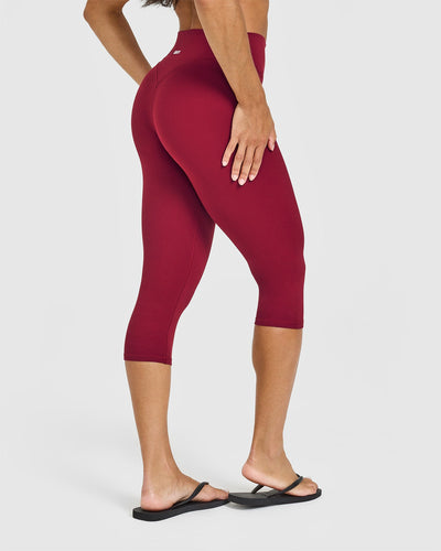 SoftMotion™ High Waisted Capri Leggings with White Logo | Ruby Red